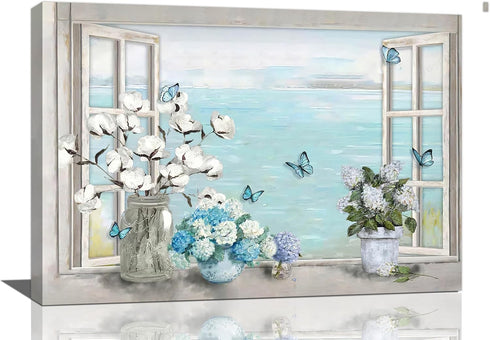 Cotton Hydrangea Bathroom Wall Art - Farmhouse Flower Butterfly Pictures, Framed Artwork for Bathroom
