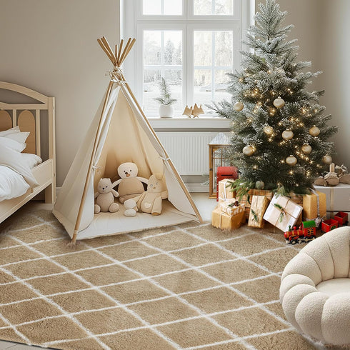 TOOHUB 8X10Feet Fluffy Rug for Bedroom, Stripe Checkered Rug Anti-Skid High Pile for Living Room Bedroom Kids Room