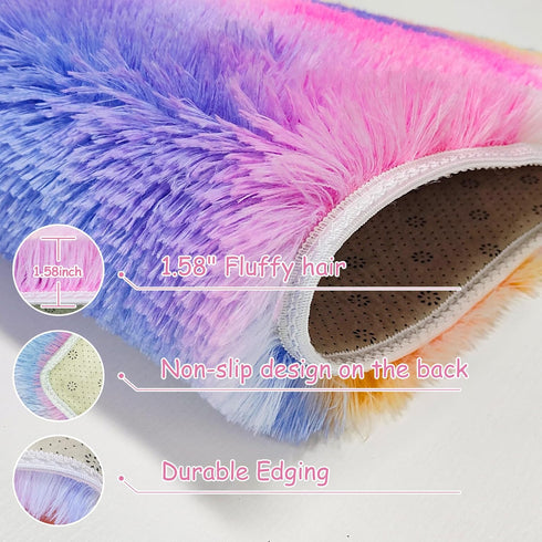 Pink Rainbow Tie Dyed Rug 2x6 ft, Plush High Pile Shag Carpet, Soft Runner for Bedroom Living Room Nursery Decor