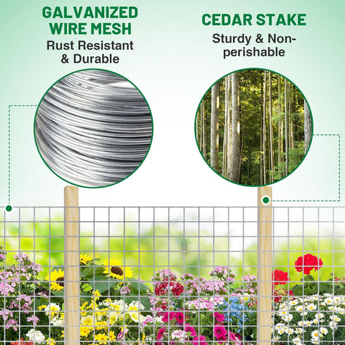 Set 15.8ft 16in 8pcs Ease to Install Garden Fence Animal Barrier - Included x Rustproof Metal Wire Net, Cedar Stakes