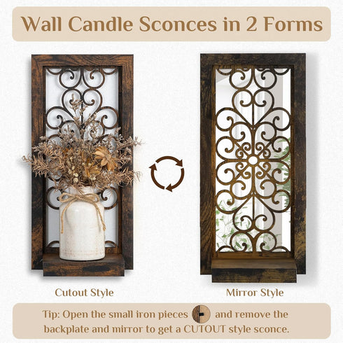 Set Farmhouse Wall Candle Holder Decor: Rustic Candle Sconces of Two for Pillar Candles - Brown Wooden Shelving