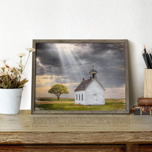 Beautiful Scene Wooden Art Framed - Little House under the Sun Wood Artwork Painting for Office (12'' x 16'' x 1 Panel)