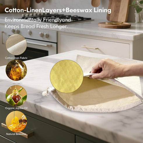 Reusable Bread Bags for Homemade BreadNatural BeesWax & Linen CottonLarge Capacity and Portable,Bread Keeper