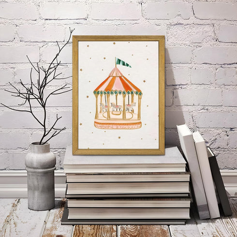 SAMHOU 8x10 Inch Wood Framed Carousel Wall Art, Nursery Wall Decor Paintings for Baby Girl Room, Cute Merry-Go-Round