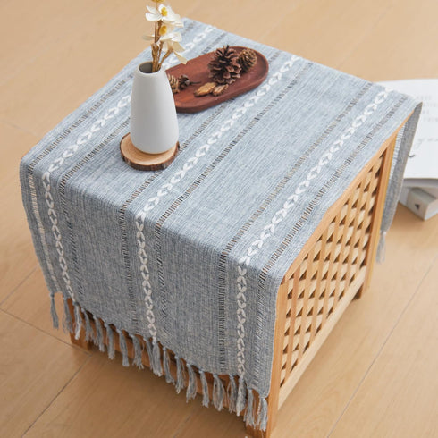 36 Inches 15x36 Inches Farmhouse Rustic Blue Table Runner with Tassels Boho Linen Style Braided Striped Table Runners