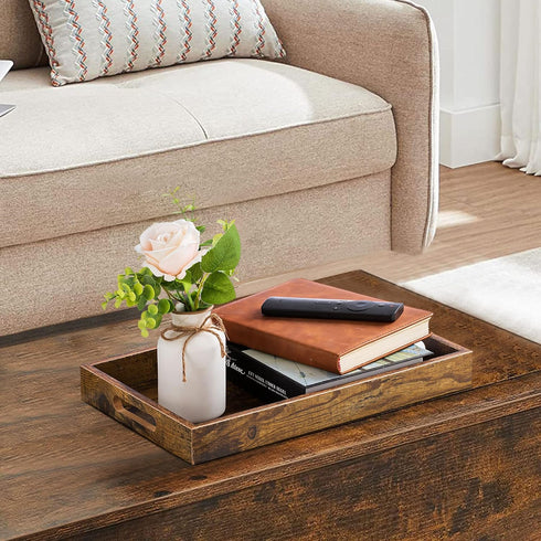 Hanobe Brown Decorative Serving Trays: Rustic Brown Rectangle Tray Decor with Cutout Handles for Coffee Table Ottoman