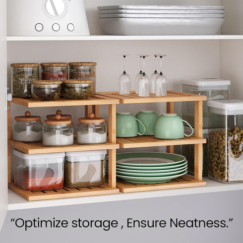 2 Pack Shelf,3 Bamboo Corner Tier Kitchen Cabinet Organizer for Plates and Dishes,Pantry Storage and Spice RackNatural