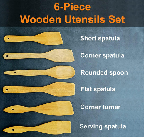 6 Wooden Spoons for Cooking, 100% Natural Nonstick Beechwood Utensils Set