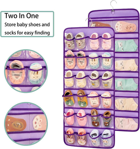 Closet Dual-sided Hanging Baby Shoes Organizer Toddler Shoe Storage Holder for Kids Bow Socks Underwear (PURPLE)