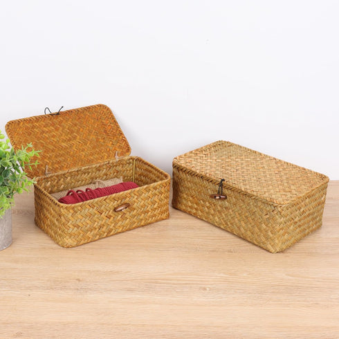 FEIALNDUO Wicker Shelf Baskets with Lid, X-Small Rectangular Handwoven Seagrass Storage Basket Bins for Home Organizer