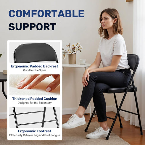 2 Pack Commercial-Grade Simple Deluxe Portable Padded Folding Chairs, Leather Upholstered Seat Pad & Durable Metal