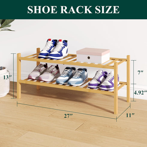 Closet, 2 Smiry Bamboo Shoe Rack for Tier Wooden Stackable Shoe Organizer, Free Standing Shoes Storage Shelf