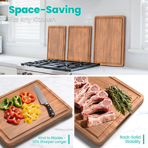 BETOLEAN Set 3-Piece Acacia Wood Cutting Boards with Juice Groove & Handles for Kitchen Charcuterie Chopping Board