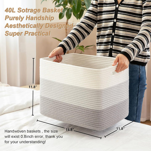Storage Baskets for Organizing - 2 Pack Woven Rectangle Baskets for Shelves, Toy Storage, Gradient Grey