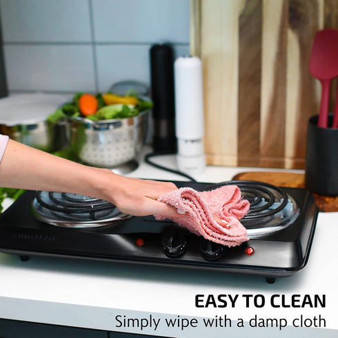 OVENTE Electric Countertop Double Burner, 1700W Cooktop with Stainless Steel Coil Hot Plates, Black