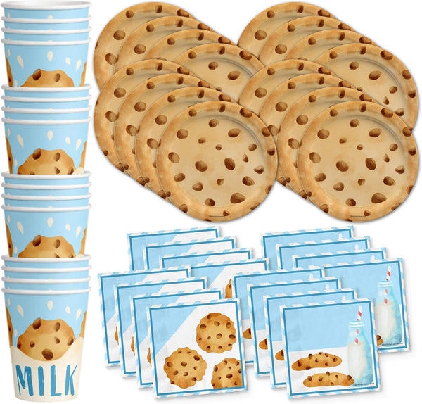 Milk and Cookies Birthday Party Supplies Set - Plates, Napkins, Cups Tableware Kit for 16 Guests