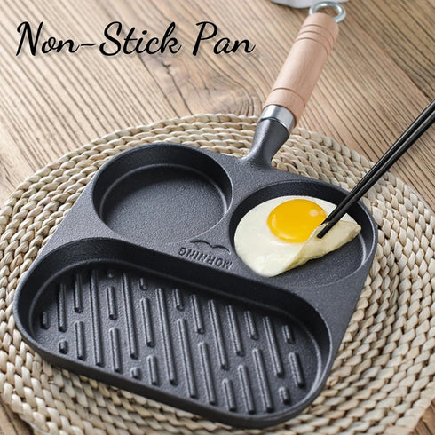 Egg Pan Omelette Pan, 3 Section Square Divided Breakfast Grill Pan with Solid Wood Handle, Nonstick Frying Pan for