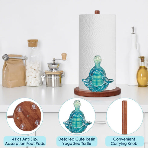 Countertop Home,4 Turtle Paper Towel Holder,Coastal Kitchen Decorative,Funny Yoga Turtle Wooden Blue Paper Towel Stand