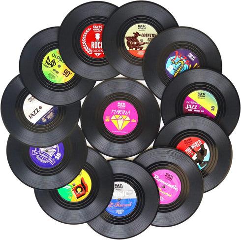 Funny Retro Vinyl Record Coasters for Drinks with Vinyl Record Player Holder for Music Lovers, Set of 6 Conversation