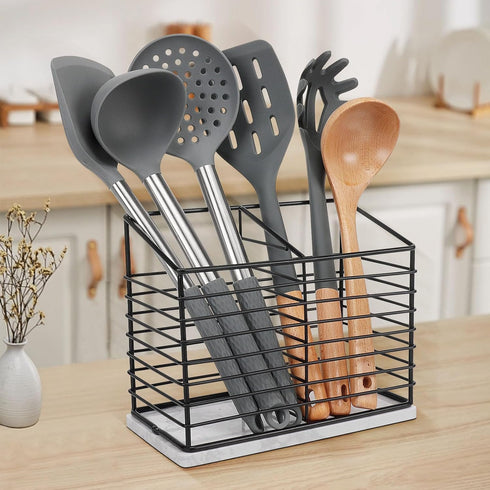 Utensil Holder for Kitchen Counter, Metal Utensil Holder Rack for Cooking Tools Storage, Sturdy Base, Drainage Hole for