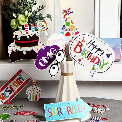 29 Pieces Birthday Photo Booth Props Kit for Kids Birthday Theme Table Centerpiece Craft Cutouts with Glue Dots