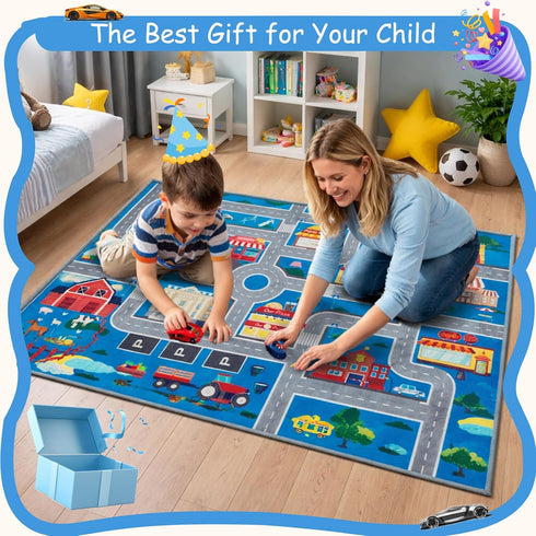 31x47in Play Mat Kids Rug for Boys and Girls, Non-Slip Playroom Rug Car Rugs for Kids Toy Cars Kid Classroom Road Rugs