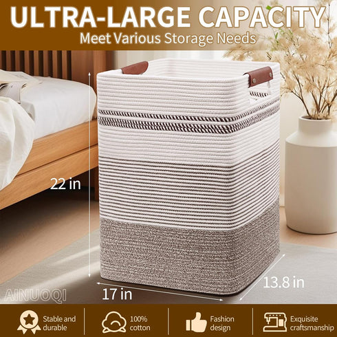Tall Woven Rope Laundry Hamper - Clothes Basket with Leather Handles, 17.8" X 13.8" X 22", Blanket Storage Basket in
