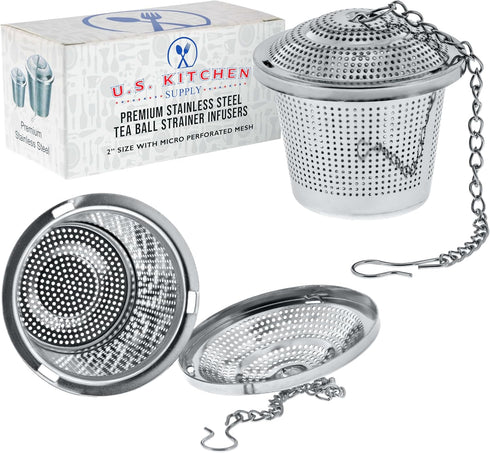 U.S. Kitchen Supply 2 Premium Stainless Steel Tea Ball Strainer Infusers - 2" Size for Steeping Loose Leaf Tea