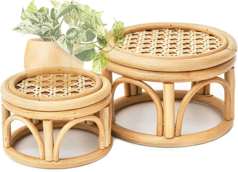 Set of 2 Small Boho Rattan Wicker Round Riser Plant Stand Indoor,Rustic