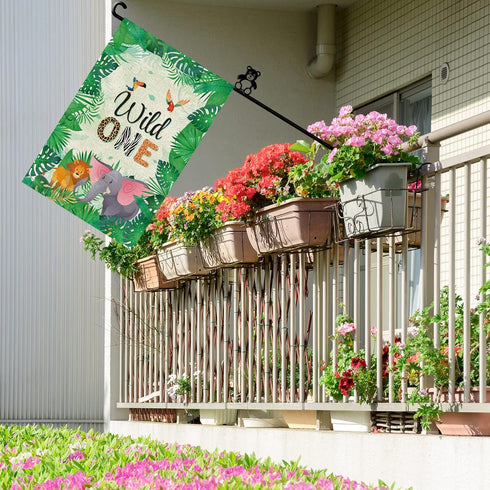 Wild One Garden Flag 12 x 18 Inch Double Sided, Happy 1st Birthday Zoo Theme Outdoor Banner for Party Decor