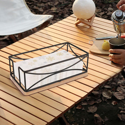 Guest Napkin Holder, Modern Metal Bathroom Paper Towel Caddy for Countertop & Kitchen (Black, Wooden Base)