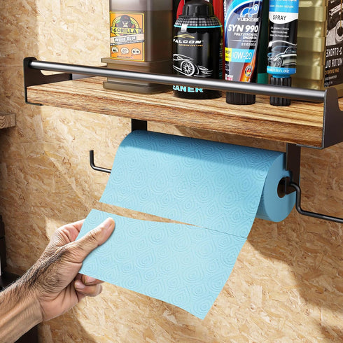 4 Garage Paper Towel Holder Wall Mount, Wooden Paper Towel Holder with Shelf for Kitchen Garage Quick Clean Station