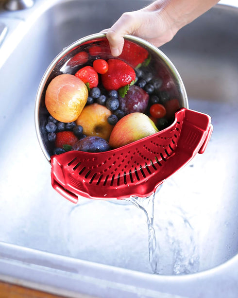 Clip On Kitchen Food Strainer for Spaghetti, Meat, Pasta, & Ground Beef Grease - Includes Silicone Drainer, Brush &