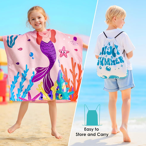 Ythuil Backpack, 30"x 25" 3-10 Mermaid Hooded Towels for Kids, with Kids Beach Towel for Years, Mermaid Gifts