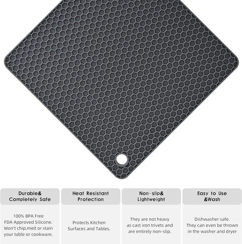 Silicone Trivets Mats Set - Heat Resistant Pot Mat for Countertop, Table Placemats, 4 Pack, Black