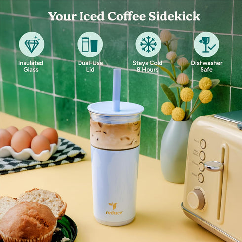 20 oz 12 REDUCE Aspen Vacuum Insulated Glass Tumbler with Lid & Extra Wide Straw - Keeps Drinks Cold for Hrs - Ideal