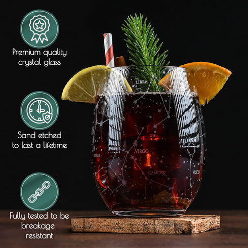 Greenline Goods Sagittarius Stemless Wine Glasses, Hand Etched 15 oz Set of 2, Zodiac Astrology Sign Glassware