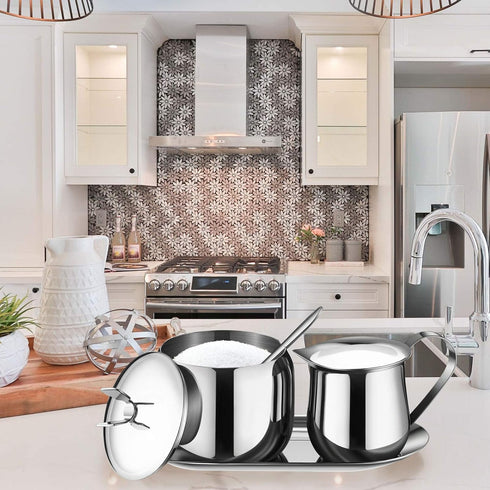 Stainless Steel Creamer and Sugar Bowl Set, Latte Milk Cup Cream Jug with Lid and Spoon Tray for Coffee Serving