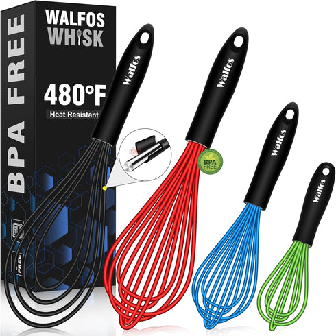 Walfos Silicone Whisk Set of 4, 11in Flat Whisk & 7+9+11in Balloon Whisks, Non-Scratch, Dishwasher Safe, Colorful