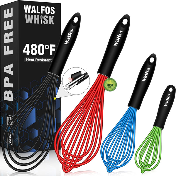 Walfos Silicone Whisk Set of 4, 11in Flat Whisk & 7+9+11in Balloon Whisks, Non-Scratch, Dishwasher Safe, Colorful