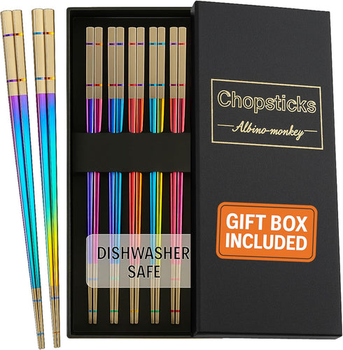 Reusable Chopsticks, Extra Long 9", 5 Pairs per Pack, Food-Safe Stainless Steel, Holographic Design