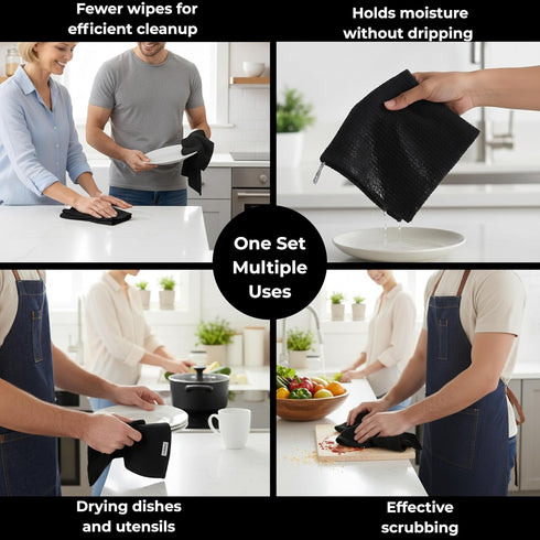 13"x13" Set 12 Kitchen Dish Cloths for Washing Dishes - Waffle Weave Cotton Dish Rag Towel - of Black Kitchen Washcloth