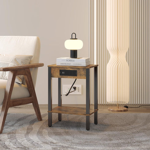 MMEOLUOOK 2-Tier MLBZ14RE End Table with Charging Station, Nightstand with Storage Shelf,Modern Side Table,Bedside