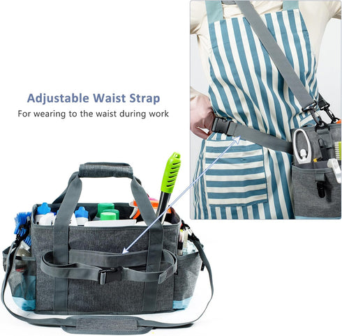 Grey-Blue Cleaning Caddy - Oxford Polyester, Adjustable 5 Compartments, Padded Carry Handle, Waterproof Interior for