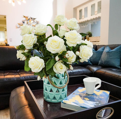 Admired By Nature 15 Head Artificial Flowers - Roses Bud Bush Spring Faux Flower Arrangement for Wedding Home Decor