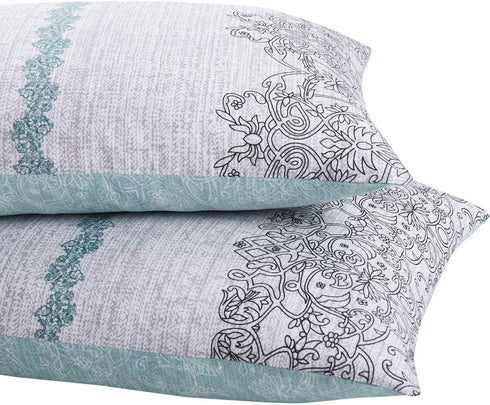 Wake In Cloud Bohemian Pillow Cases, Set of 2 Soft Reversible Pattern Printed Pillow Shams, Teal Gray, Standard Size