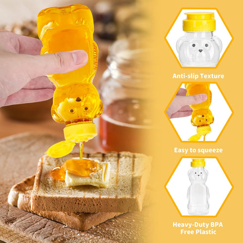 KEJJNYER 24 Pack 8 oz Dispensing(250ml /8 oz) Plastic Honey Bear Bottle, Reusable Plastic Honey Bear Jars Bulk