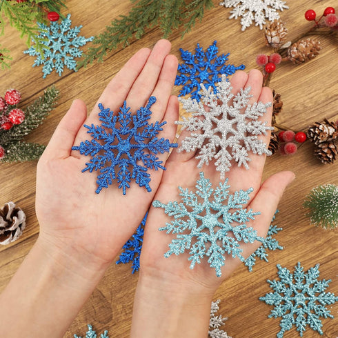 Whaline 45Pcs Winter Snowflake Hanging Ornaments - Glitter Blue Silver Pendants for Christmas Tree Decor
