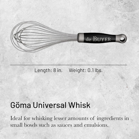 de Buyer GOMA Universal Whisk - 8” for Whisking Eggs, Sauces & Emulsions - Ergonomic, No-Slip Grip, Dishwasher Safe