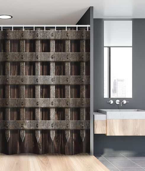 Ambesonne Medieval Stall Shower Curtain - Wooden Castle Wall and Gate Print, Fabric Bathroom Decor, 54" W x 78" L